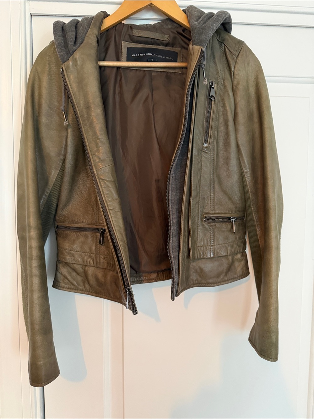 Marc New York Olive Leather Hooded Moto Jacket